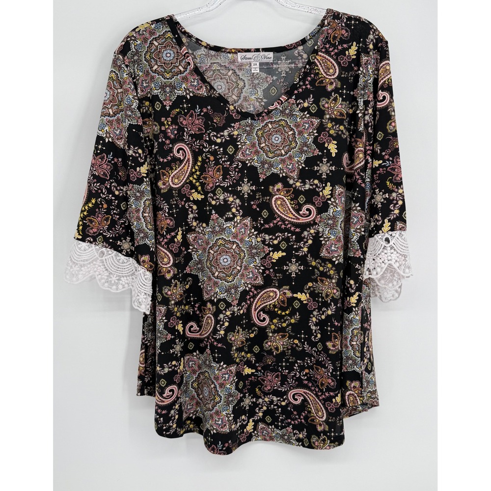 Stem & Vine Womens Paisley Mandala V-Neck Top Crochet Lace 3/4 Sleeve‎ Sz 2X